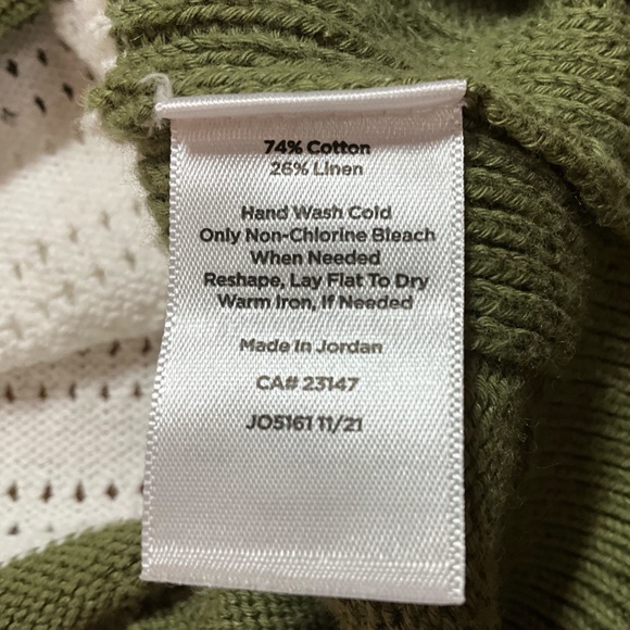 TALBOTS Cotton Linen Blend Tipped Pointelle Button Front Cardigan Olive / White - Picture 8 of 9